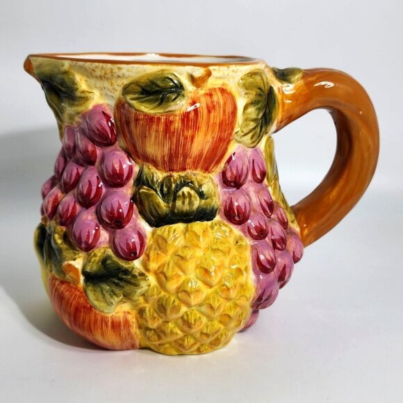 Vintage Ceramic Pitcher With Embossed Fruits Grapes Pineapple Apple Design - Picture 1 of 12